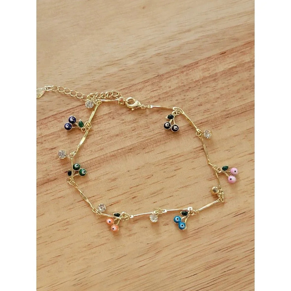 18K Gold Plated Evil Eye Enamel Charm Anklet - Picture 1 of 4